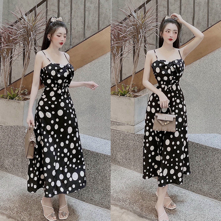 Đầm, Váy Maxi 2 Dây Form Dài In Họa Tiết Chấm Bi