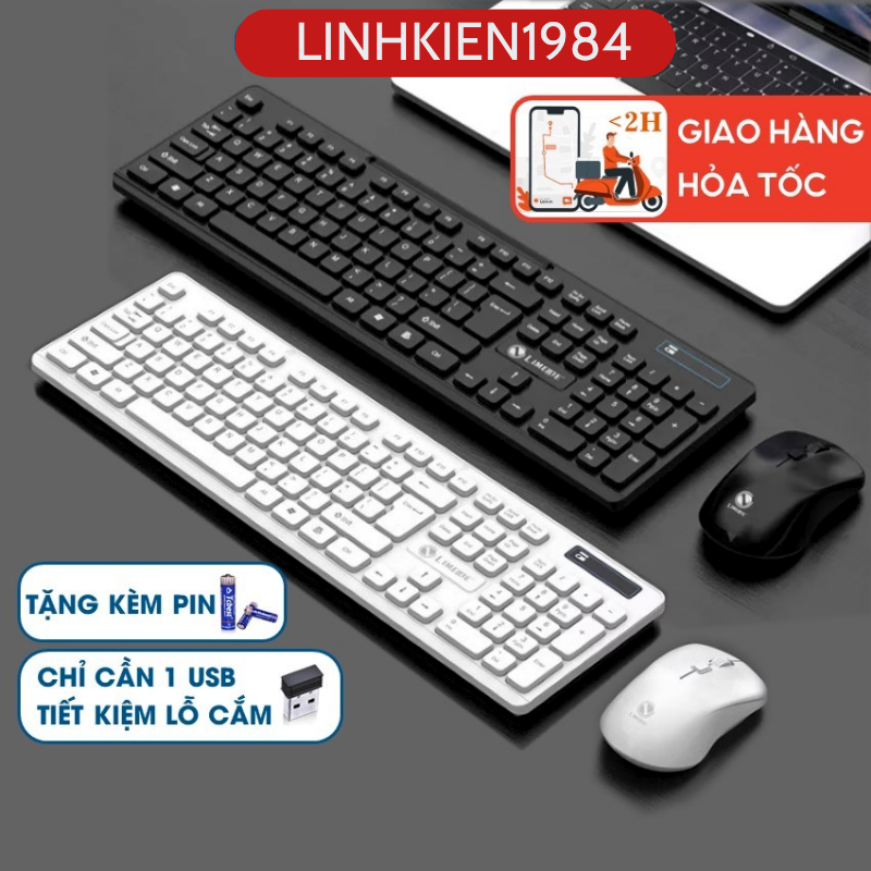 Bàn Phím Máy Tính Không Dây Combo Phím Chuột Wireless 2.4Ghz W100 | 1 USB Dùng Chung Tiện Lợi