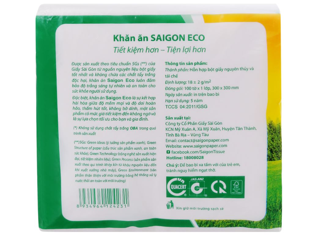 Khăn giấy ăn Saigon Eco 1 lớp gói 100 tờ