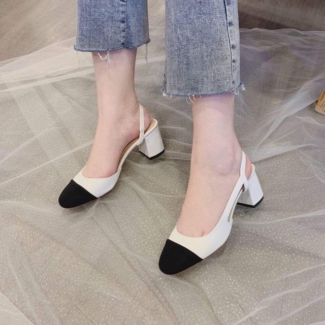 Giày cao gót nữ 5 phân, màu trắng, bít mũi búp bê công sở