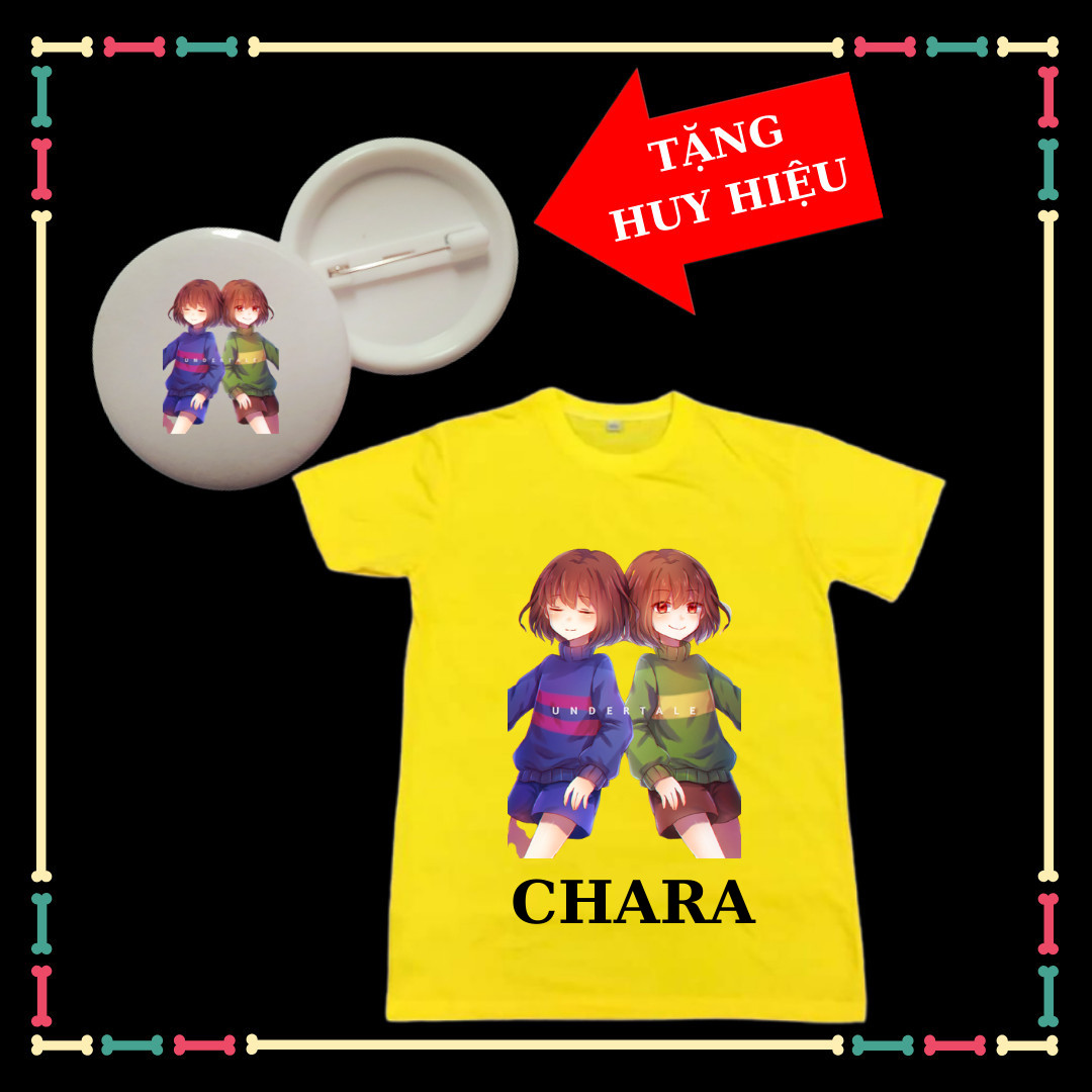 Áo thun bé gái bé trai mẫu Chara trong hot game Sans Undertale dễ thương đủ size áo từ 10kg đến 90kg phôm rộng dáng suông-Tặng Huy Hiệu Chara