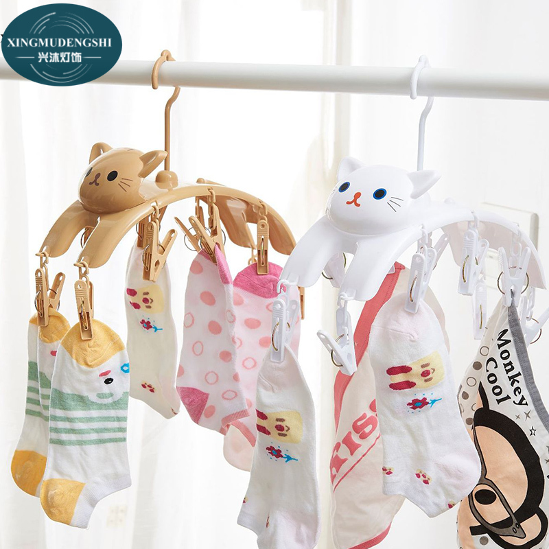Drying rack Cute cartoon cat pants rack drying socks multi-functional storage balcony dormitory with circular drying rack plastic
