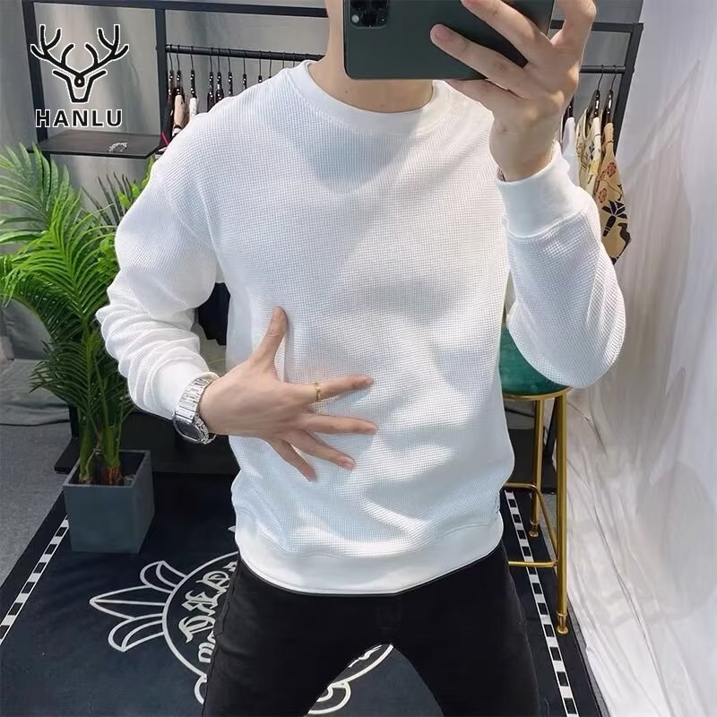Hanlu Men's Solid Color Round Neck Sweatshirt Long sleeve round neck simple thin base sweatshirt