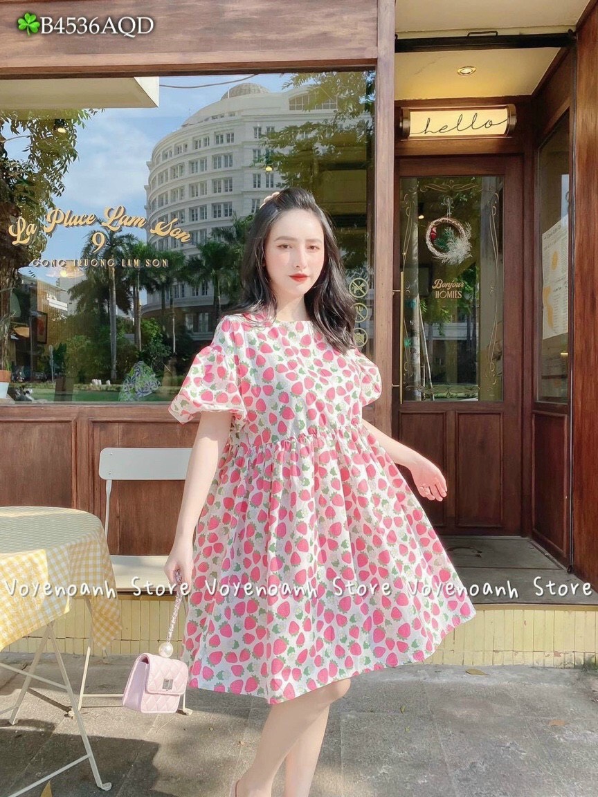 Đầm hoa babydoll in hình quả dâu dễ thương, đầm hoa nhí Hàn Quốc, váy xòe bồng, váy tay ngắn, đầm dáng xòe đáng yêu