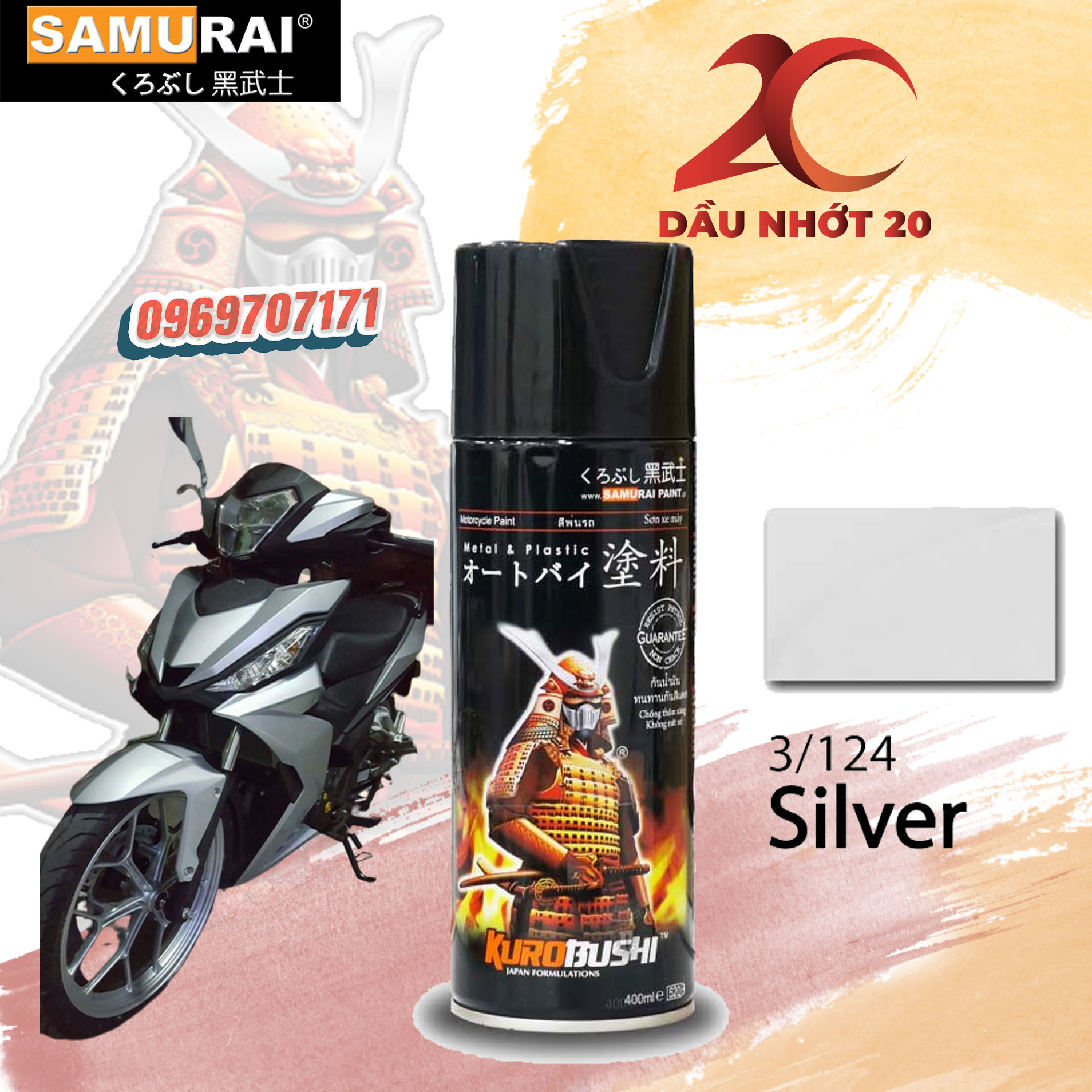 [HCM]Samurai 124 _ Chai sơn xịt sơn xe máy Samurai 3/124 màu bạc _ Silver