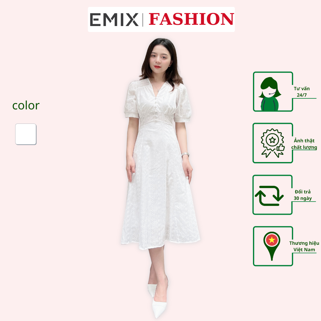 Váy tiểu thư khuy ngọc EMIX (màu trắng), basic dress, dáng dài maxi, cổ V, cộc tay, dáng chữ A, chất thô thêu hoa V020