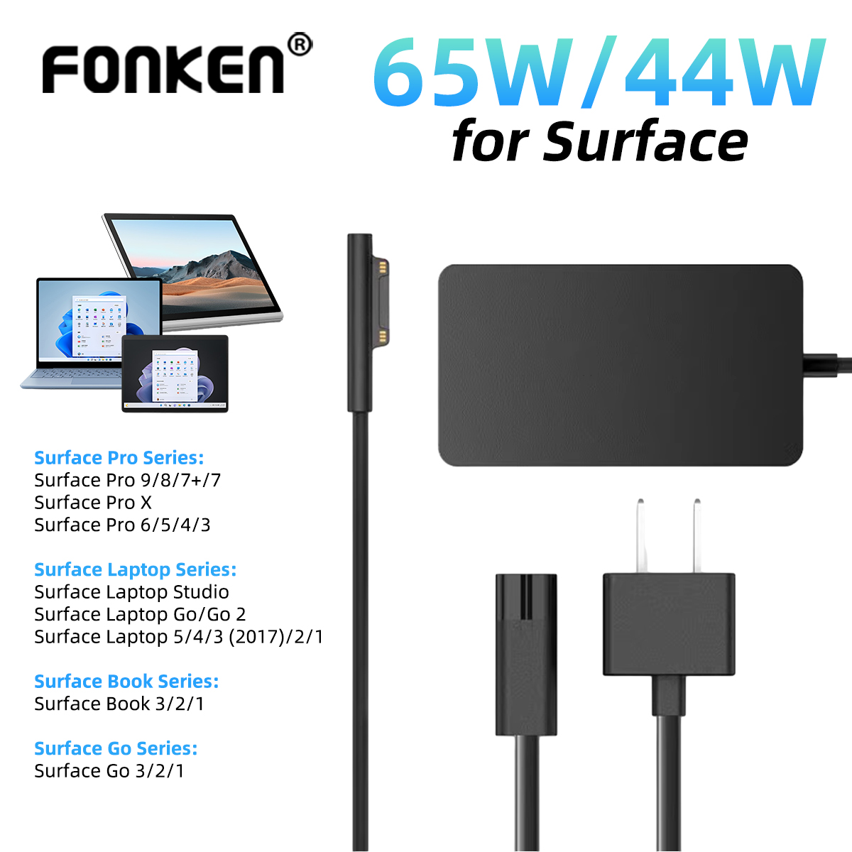 65W Laptop Charger for Microsoft Surface 9, 8, 7+, 7, 6, 5, 4, 3, X,  Windows Surface Laptop 5, 4, 3, 2, 1 Studio, Surface Go Tablet, Surface  Book 3