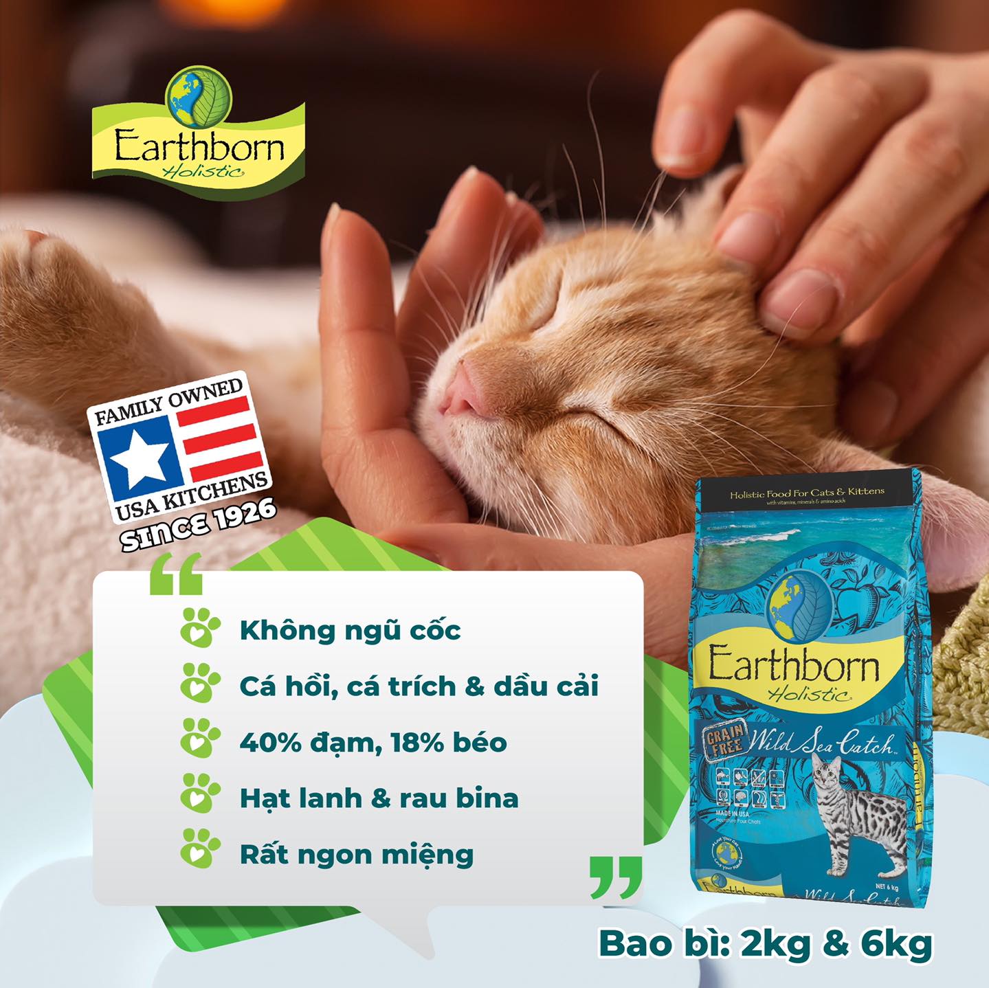 [Bao 2kg nguyên seal] Thức ăn mèo EARTHBORN từ Mỹ (Grain free)