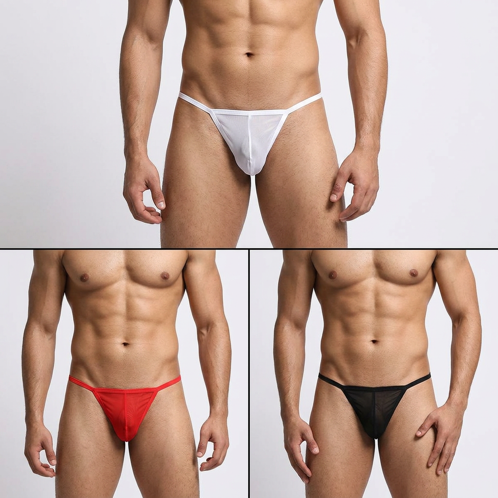 3 Pieces Men’s Low Rise Briefs Underwear Panties T-shaped Back pants Micro Thongs Underpants Lingerie Stylish & Fashionable Seductive T-Back Panties For Mans From Shilpiana By (Red, Black, White, Purple, Pink, Printed - Free Size)