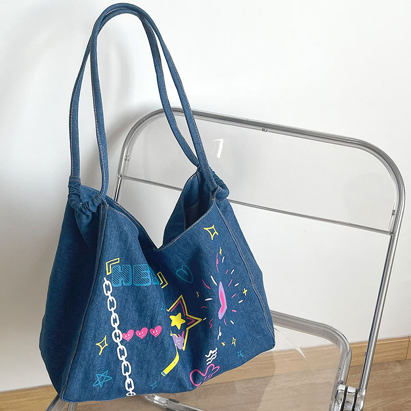 NALLCHEER canvas bag shoulder bag Original graffiti denim tote bag Large capacity canvas bag Stylish commuter bag