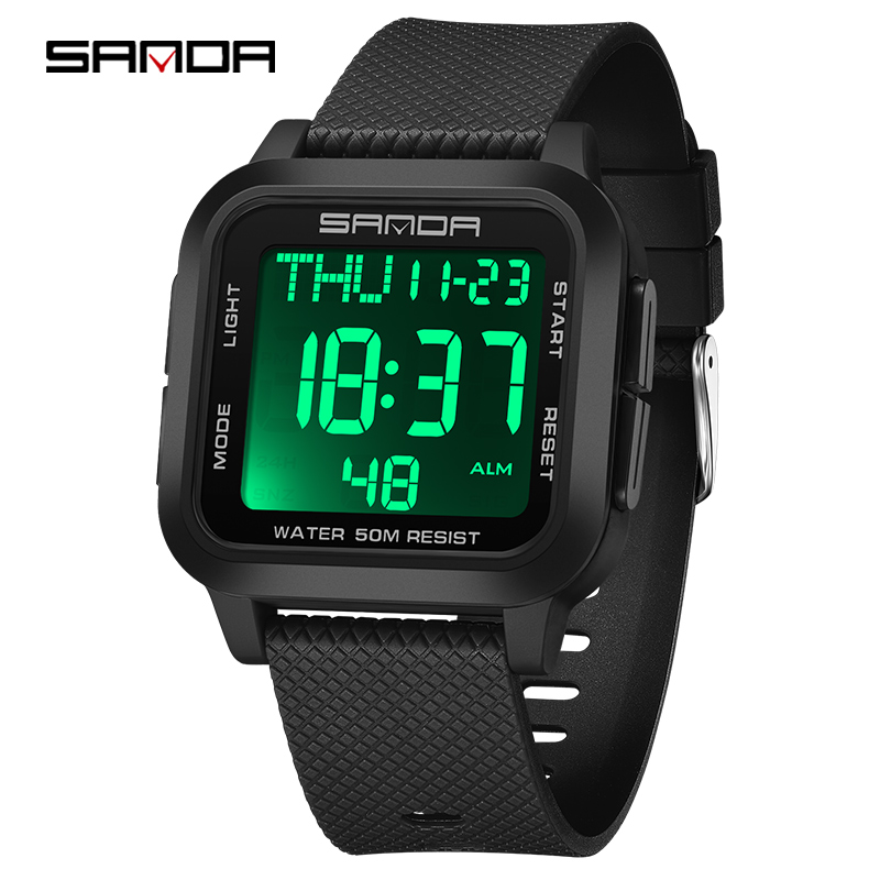 Sanda Square Solid Color Watch Retro Trendy Night Light Waterproof Electronic Men's Watch SD2194-6.