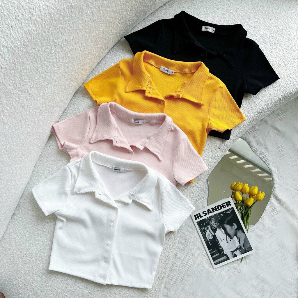 Áo Croptop Cổ Trụ Nút Trơn