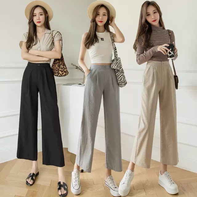 quần ống rộng suông culotes cúc khóa chun lưng chất đũi mềm mại
