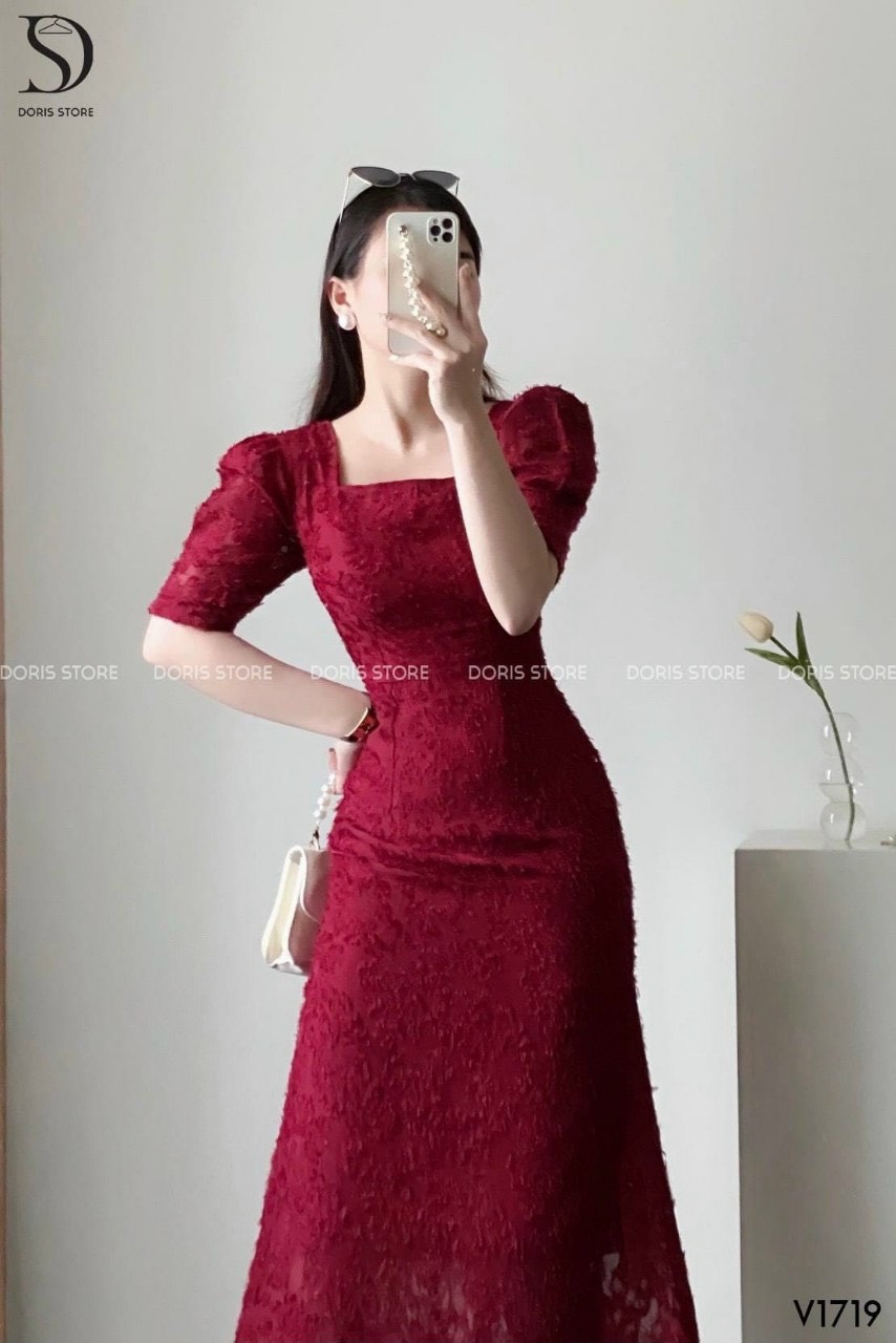 Đầm nhún hông tay phồng voan lông vũ cực sang chảnh ld22
