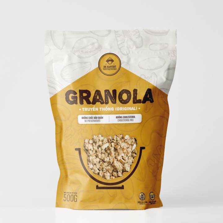 500g Granola Siêu Hạt Giảm Cân DK Harvest - Không Đường - Vị Truyền Thống - 5 loại hạt (yến mạch, hạnh nhân, hạt điều, hạt bí, nho khô)