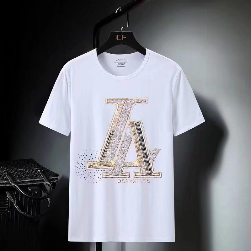 Korean Style Rhinestone T-shirt Men's Short Sleeve T-shirt Cotton Plus Size T-shirt