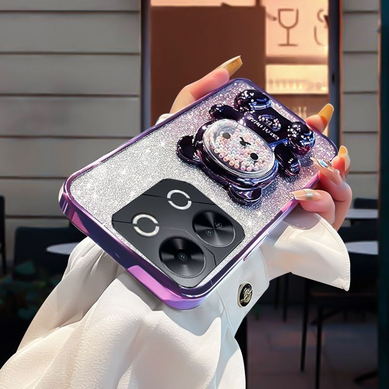 New Phone case itel P55 P70 P65 Back cover with Gradient 3D Bear Folding Stand Bracket Luxury Slim 6D Plating Glitter Girls for itel P70 P55 P65 case. 