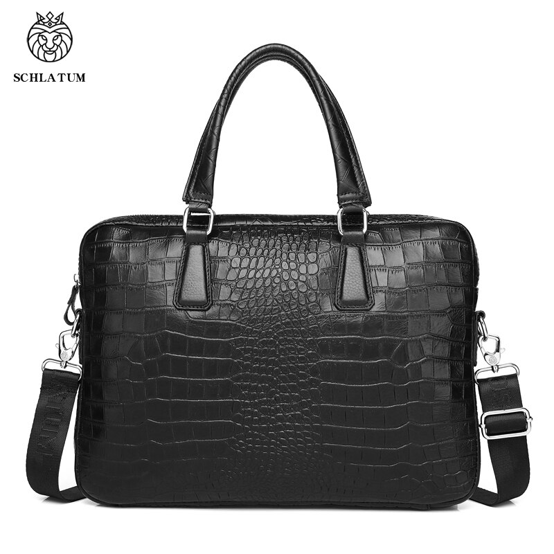 SCHLATUM Men Genuine Leather Briefcase Crocodile Grain Office Business Computer Bag Fashion Cowhide Laptop Minimalist Handbag