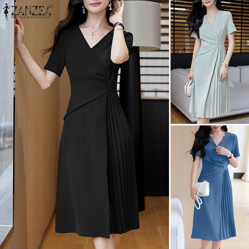 ZANZEA%20Korean%20Style%20Women%20Elegant%20Pleats%20A-Line%20Dress%20V-Neck%20Solid%20Color%20OL%20Mid%20Dresses%20With%20Back%20Zipper%20-%20Image%205