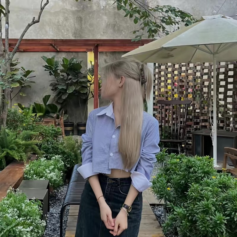 áo sơ mi croptop Եà lệnh tay dài phối cổ cá tính