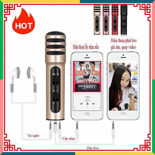 Micro Livestream C7  Thu Âm Hát Karaoke Livestream 3 in 1 Micro Livestream & hát Karaoke C7 Micro thu âm karaoke live stream C7 loại cao cấp kèm tai phone