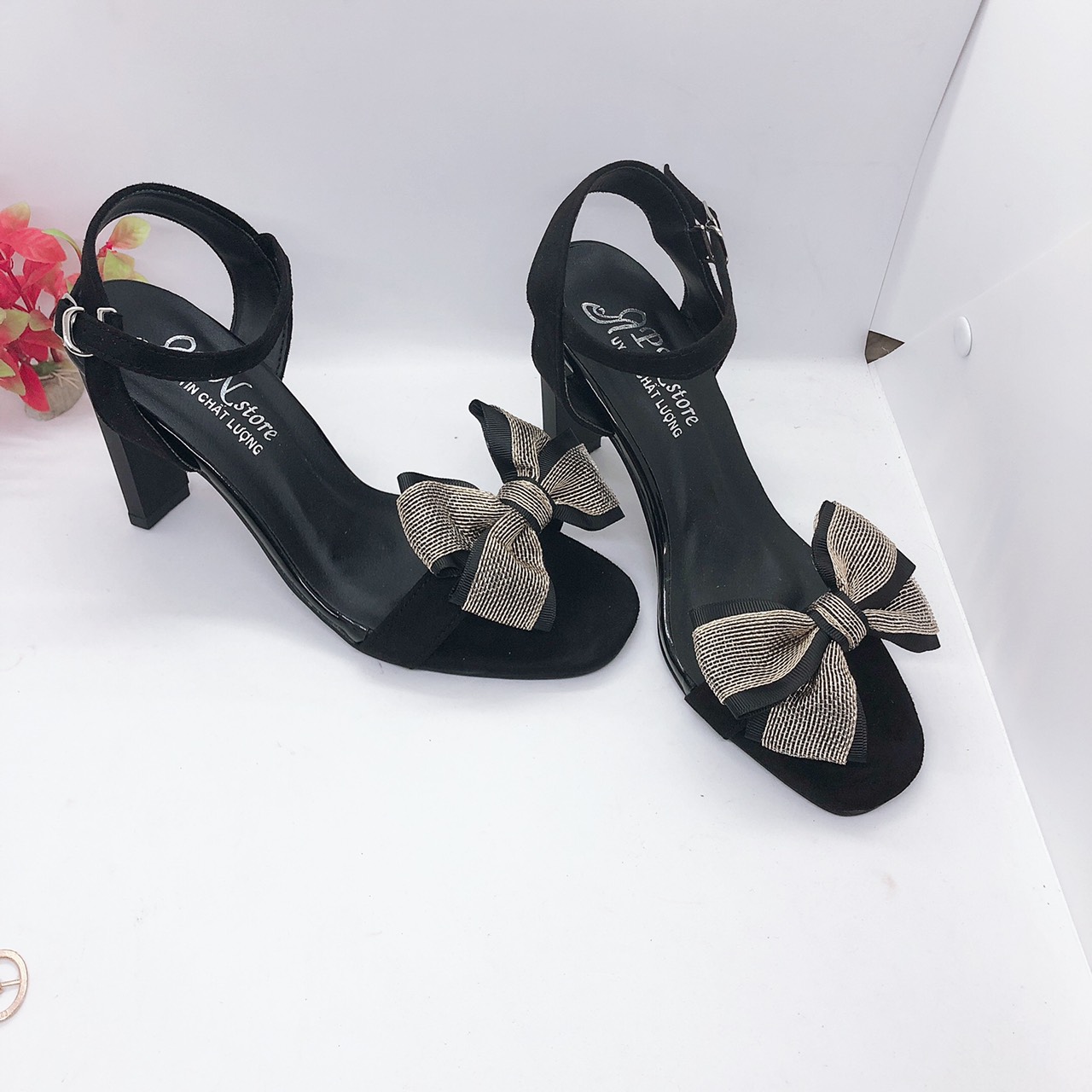 Giày cao gót 9p quai phối nơ hở gót
