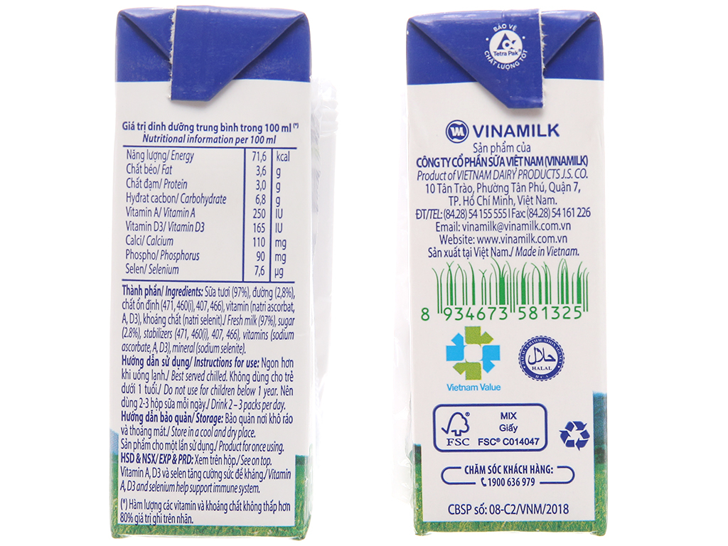 Sữa tươi tiệt trùng Vinamilk 100% Ít đường - Hộp giấy 1L