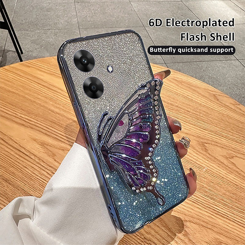 For Realme C61 C63 Note 60 Note 50 Case Diamonds butterfly holder shiny hourglass of quicksand transparent soft silicone for Realme Note 50 Note 60 C63 C61 Back Cover. 
