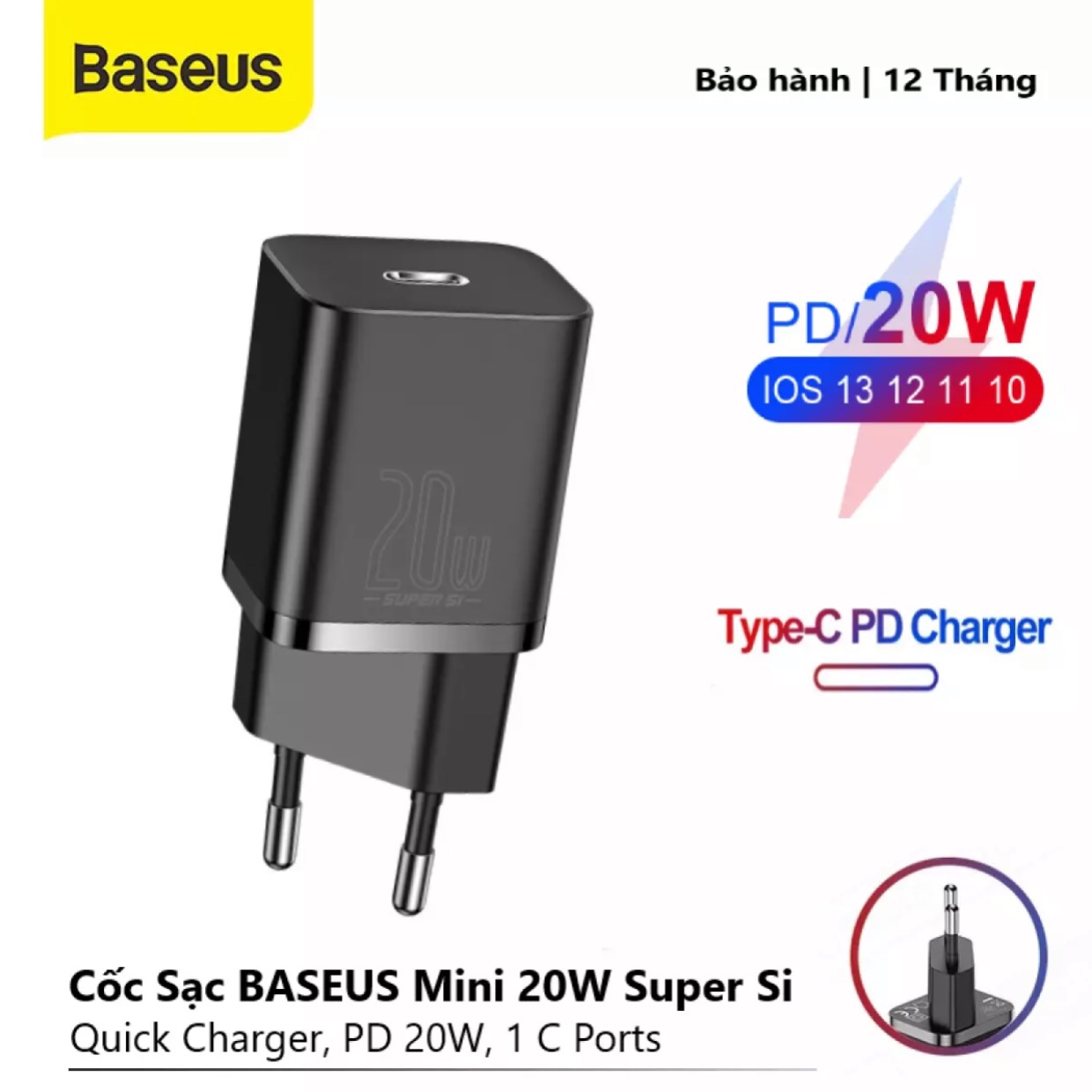 Cốc Sạc BASEUS Mini 20W Super Si Sạc Nhanh dùng cho iPhone