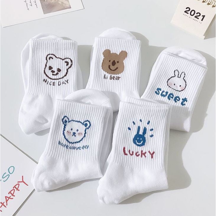 Combo 5 đôi tất nữ cổ cao Màu Trắng Mix Gấu Thỏ