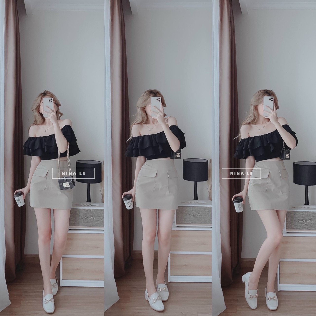 Sét váy áo bẹt vai đen clothing form chuẩn siêu đẹp tôn dáng màu hot trend