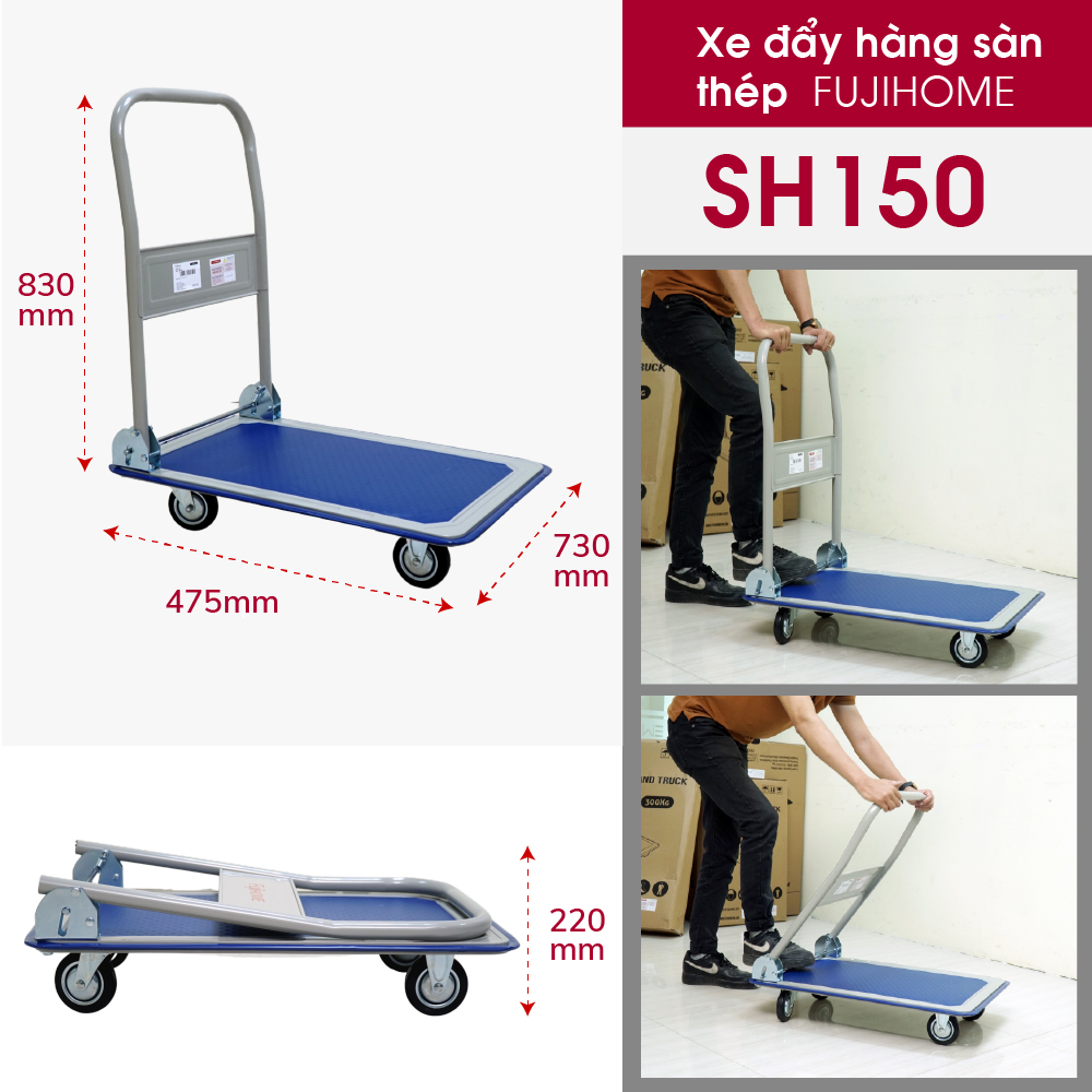 Xe đẩy hàng 4 bánh gấp gọn 100kg Nhập Khẩu CN Nhật Bản Fujihome SH150, bánh cao su siêu bền chống ồn, xe kéo hàng sàn thép gấp gọn đa năng xếp gọn - Bảo hành 1 năm