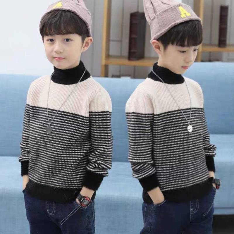Dxcvxcod áo len trẻ em áo len cổ cao chui đầu dày lông chồn cho bé trai áo len dệt kim sọc cho bé trai fashionfsdfs