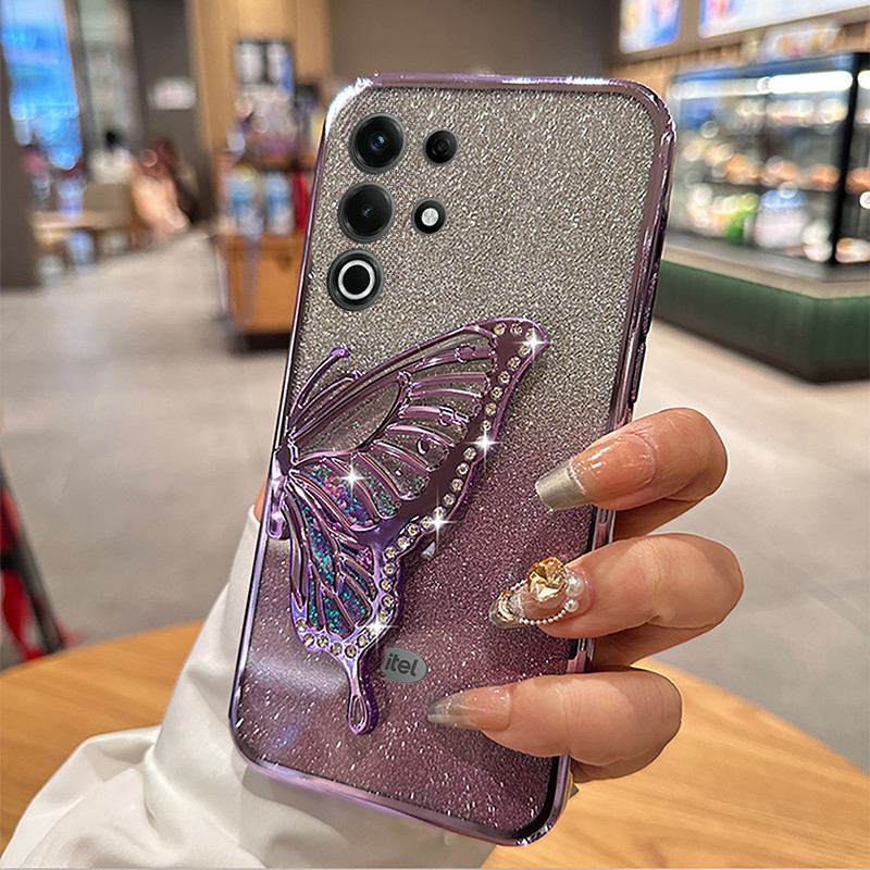 New Phone case itel Super S26 Ultra Back cover Diamonds butterfly holder shiny hourglass of quicksand transparent soft silicone For itel S26 Ultra case.