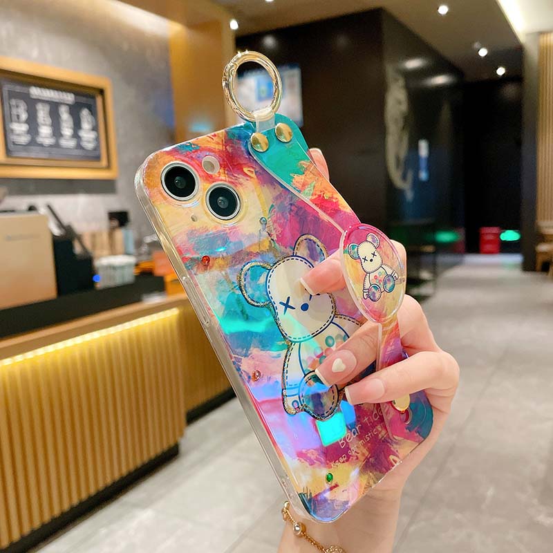 Phim hoạt hình Bling Vòng đeo cổ tay Gấu bạo lực Vỏ điện thoại cho Iphone14Promax 14Plus 13 13promax 12 Pro Max 11 7 8Plus XR XS MAX Vòng đeo tay Phụ kiện Bao mềm Coque