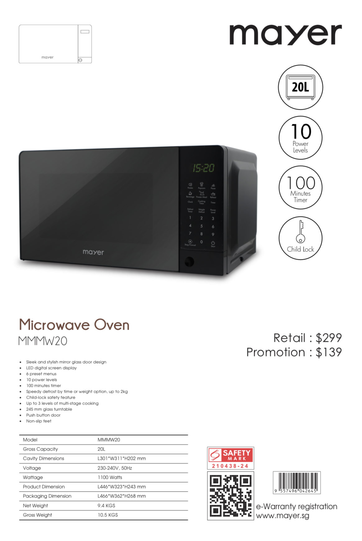 mayer 20l microwave oven mmmw20