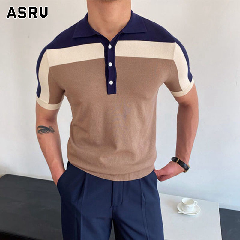 ASRV Men's Short Sleeve Knit Sweater Men's Polo Shirt New Stripes Cotton Contrasting colors Fabric Business Casual Polo Shirt