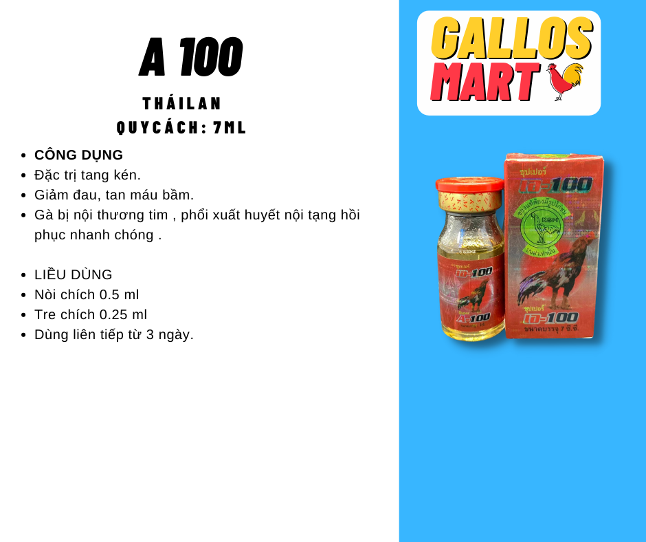 A100 THÁI - DƯỠNG TANG KÉN CHO GÀ ĐÁ CHAI 7ML