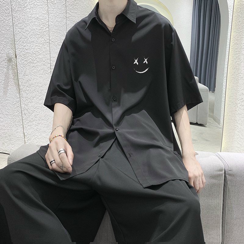 Áo sơ mi nam form rộng ngắn tay họa tiết mặt cười chất vải voan lụa mềm dày dặn chất lượng giá tốt