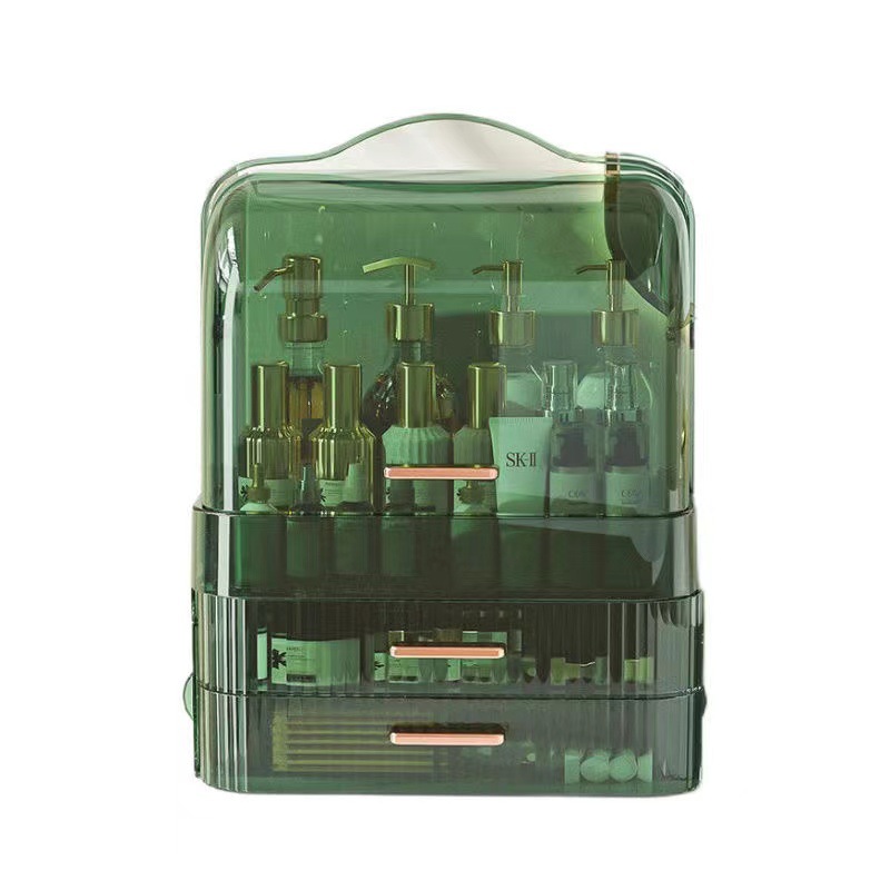 Transparent dustproof cosmetics storage box Desktop double open drawer type clamshell storage cabinet Large capacity storage rack