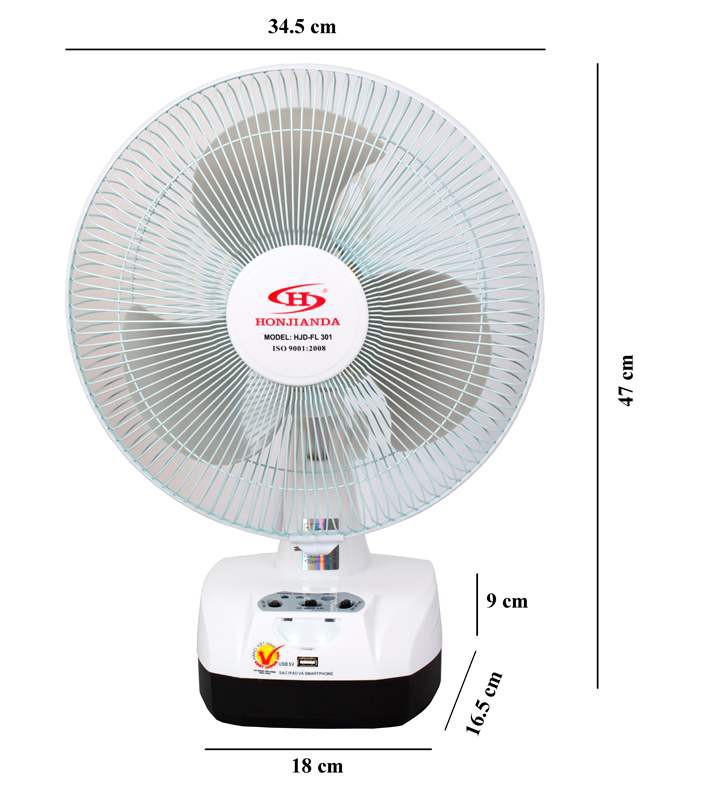QUẠT SẠC TÍCH ĐIỆN CHÍNH HÃNG HONJINDA HJD-FL 301 AC/DC CÓ LED CÓ CỔNG SẠC USB (1 BÌNH VÀ 2 BÌNH)