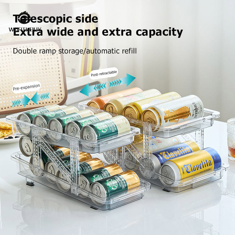 Retractable beverage storage box, automatic filling, transparent double-layer can storage rack, refrigerator Coke storage box