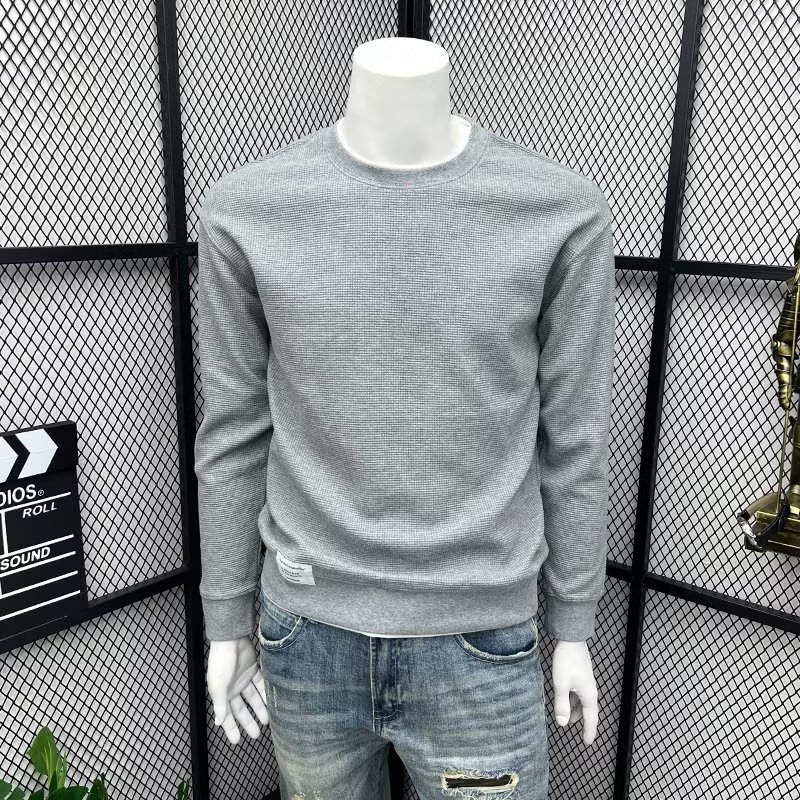 MOLAN Men's Solid Color Round Neck Waffle Sweatshirt Long sleeve round neck simple thin base sweatshirt