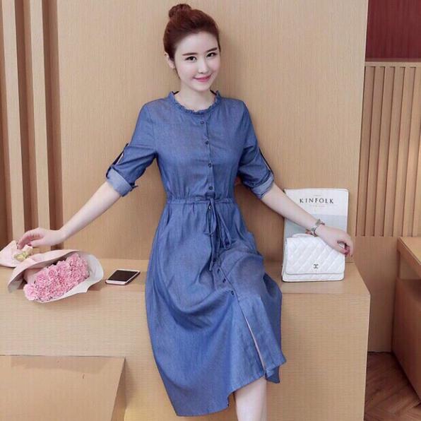 [HCM]ĐẦM JEAN CUT OUT CỔ BÈO DÂY RÚT EO