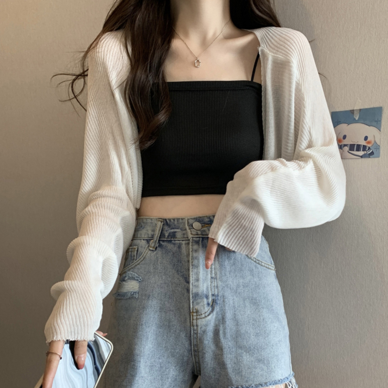 Summer Fashion Short Knitted Sunscreen Cardigan Women Solid Color Long Sleeve Thin Smock.