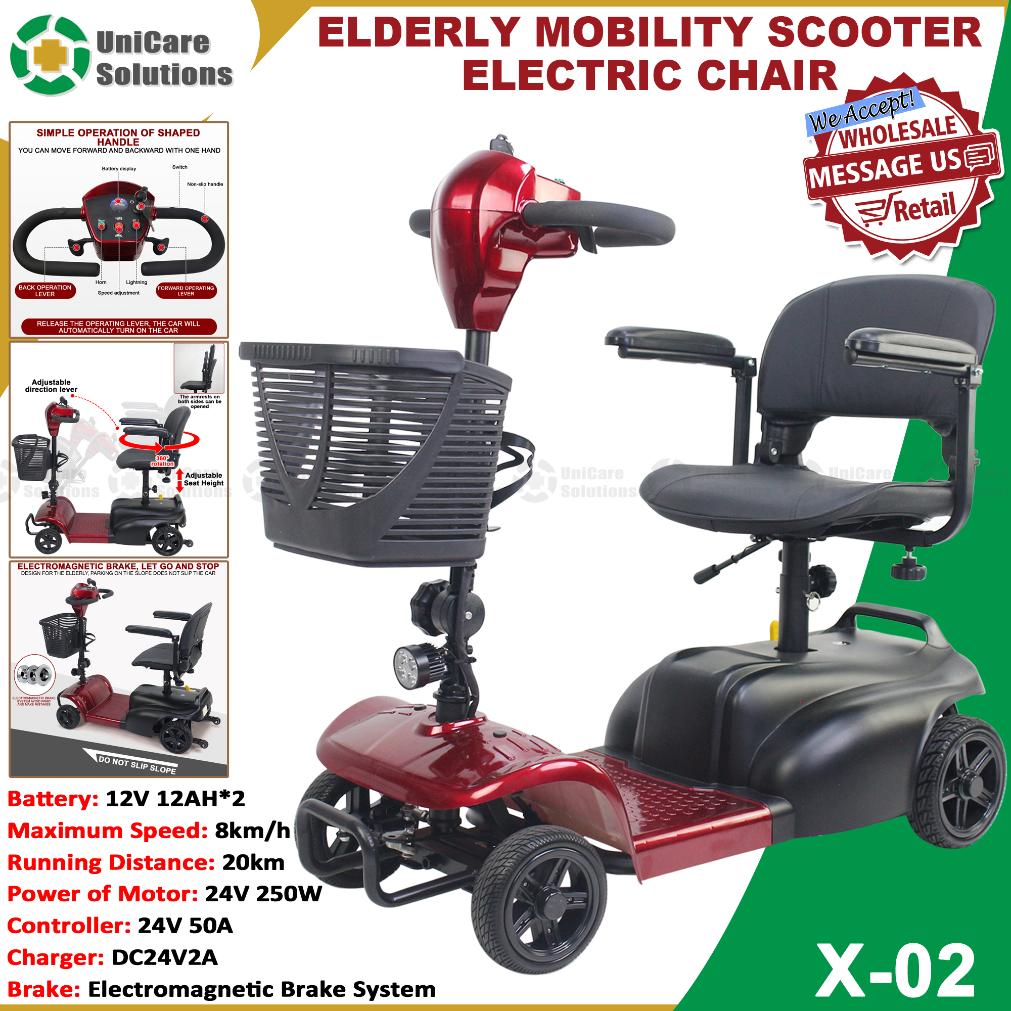 UniCare Solutions X02 Elderly Mobility Scooter 4 Wheels Ebike Electric