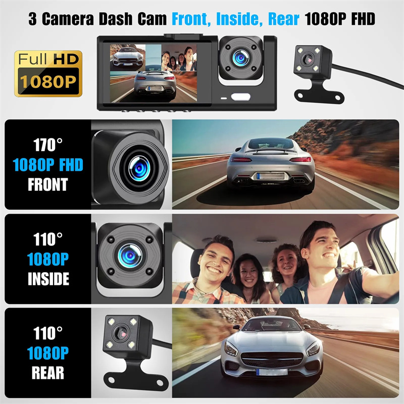 3 Channel Car DVR HD 1080P 3-Lens Inside Vehicle Dash CamThree Way Camera DVRs Recorder Video Registrator Dashcam Camcorder.