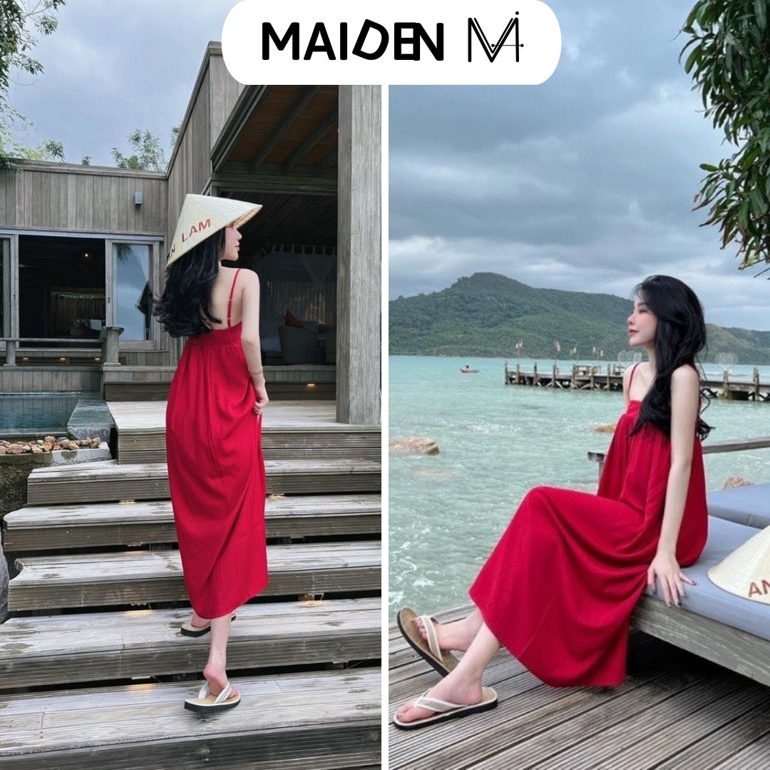 Váy maxi đi biển, đầm maxi đỏ chun sau chất lụa xin xò