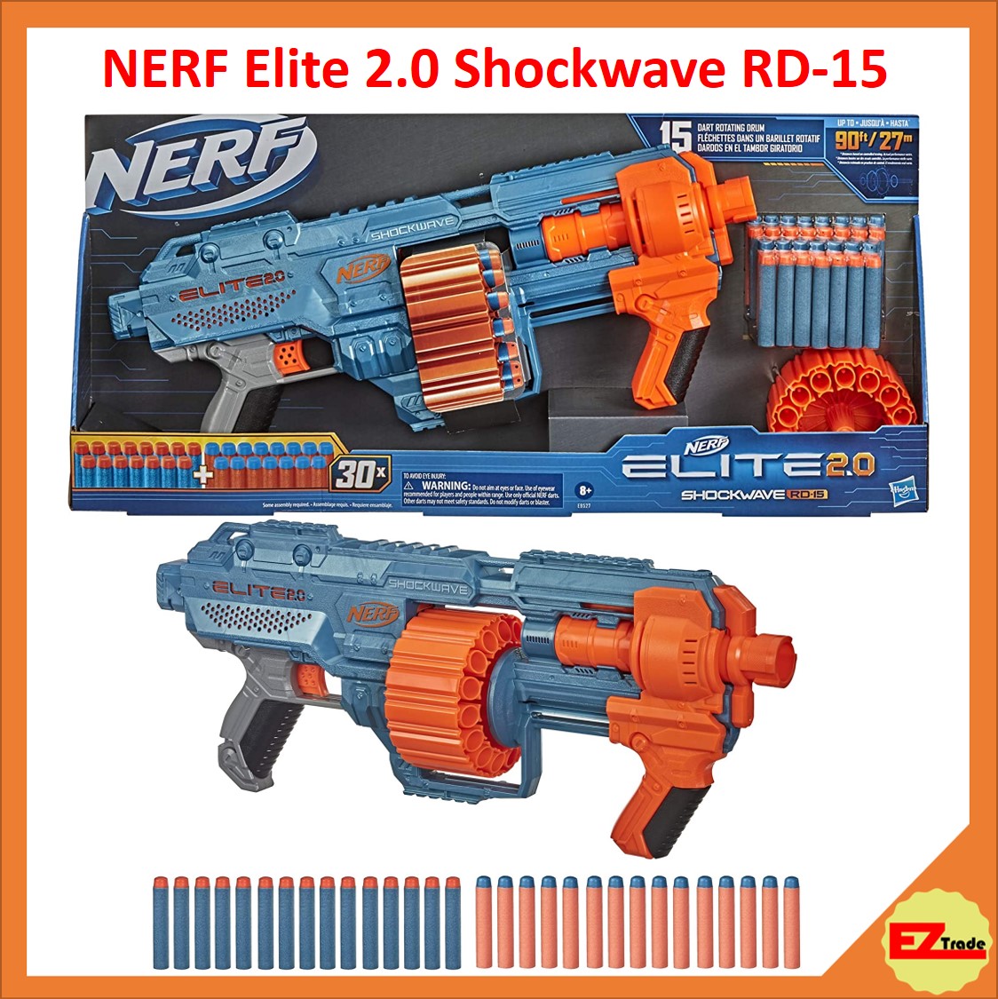 Nerf Elite 2.0 Shockwave RD-15 Blaster, 30 Nerf Darts, 15-Dart Rotating  Drum, Customizing Capabilities 