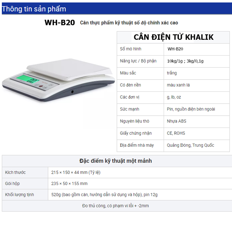Cân điện tử dùng pin WH-B20, cân tiểu ly điện tử nhà bếp có độ chính xác cao chuyên làm bánh, tổ yến, cafe - Khalik Houseware